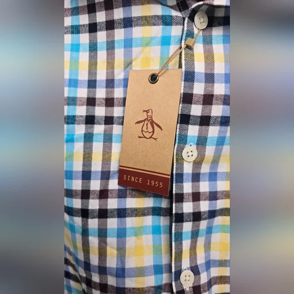 Penguin Men’s Plaid Flannel Button Up Heritage Slim Fit Size 18 34/35 NWT Cream - Picture 3 of 10